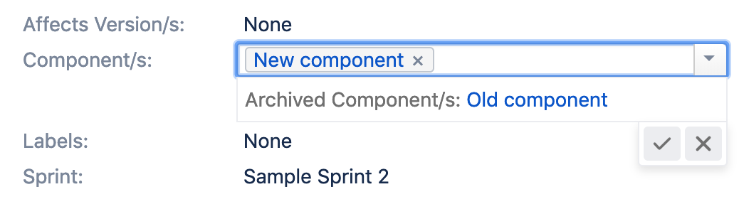 Archived components, as seen within an issue.
