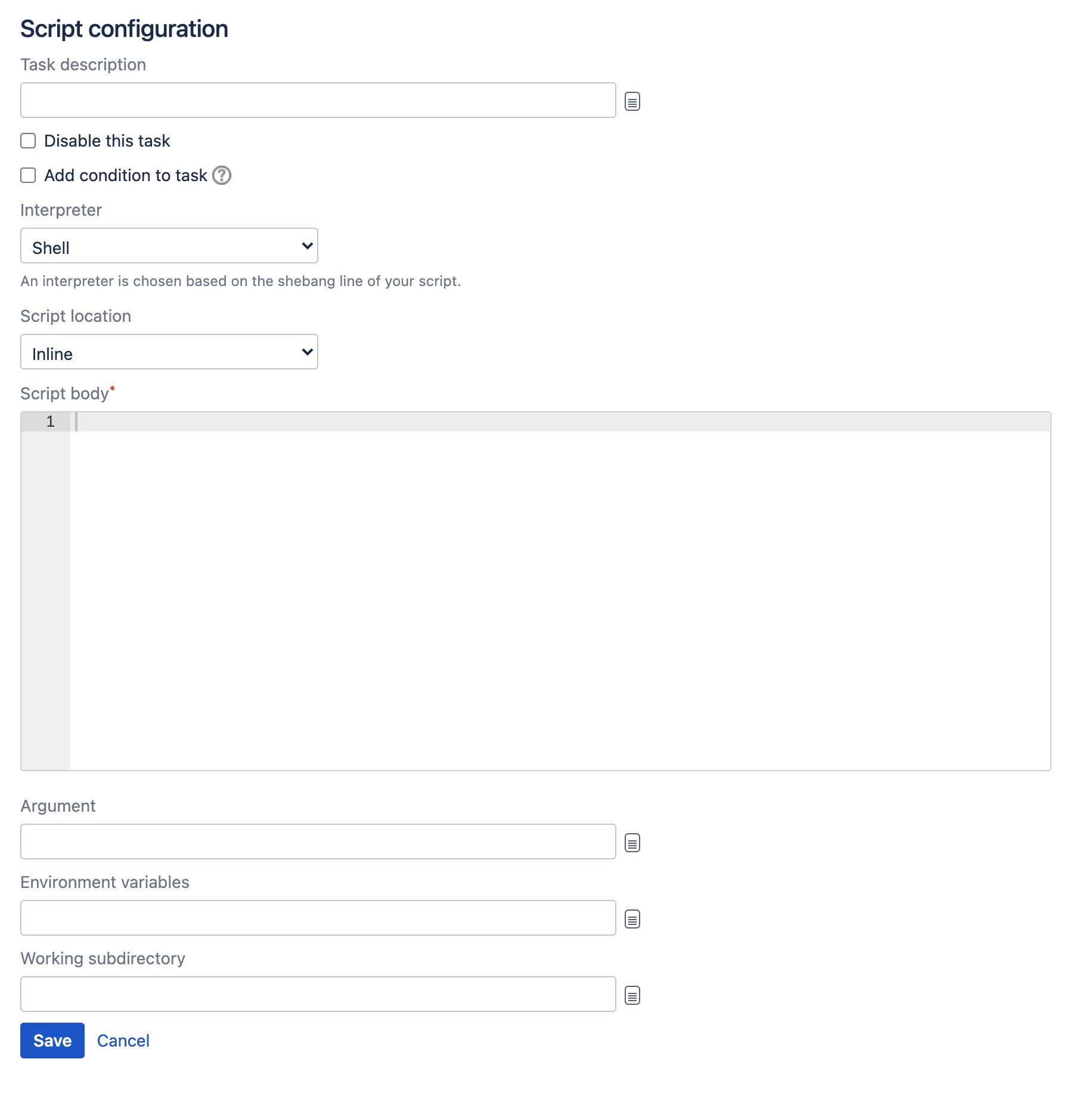 Script task type configuration screen