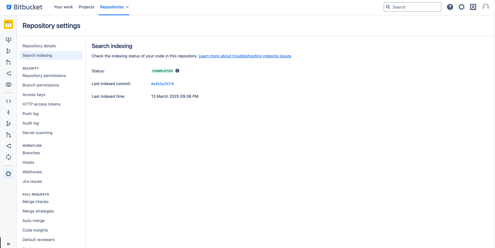 Example of the Search indexing page with the status and other information