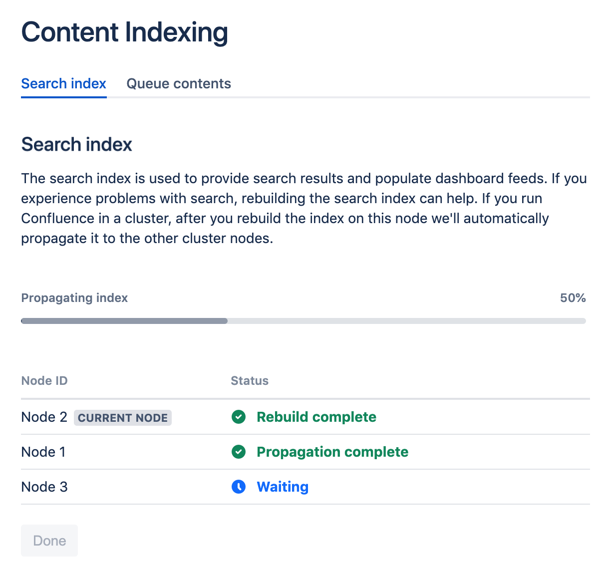 Content indexing screen showing the index rebuilt successfully on the first node, propagated to the second node, and waiting to propagate to the third node. 