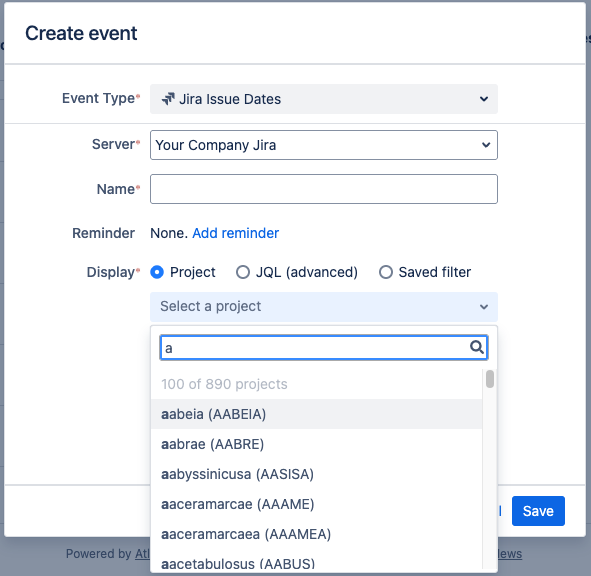 create event dialog with search