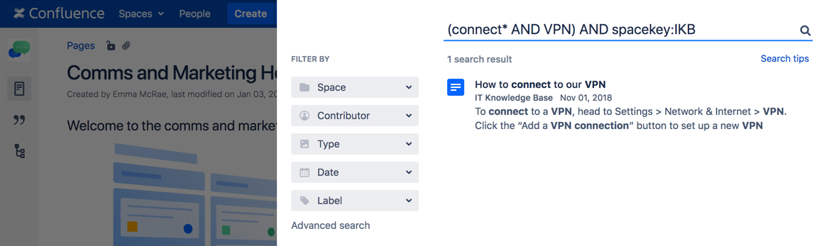 An example of a search query using Confluence search syntax
