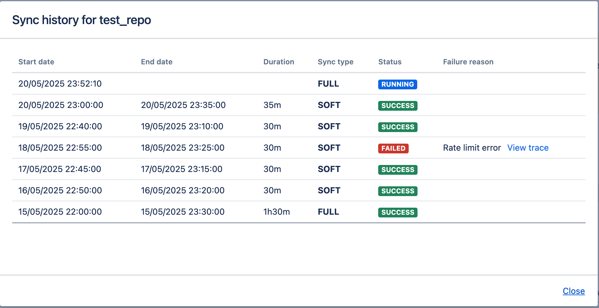 Sync history modal in DVCS