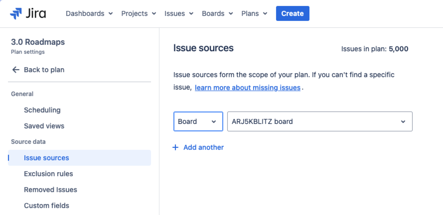 Issue sources modal in plan configuration