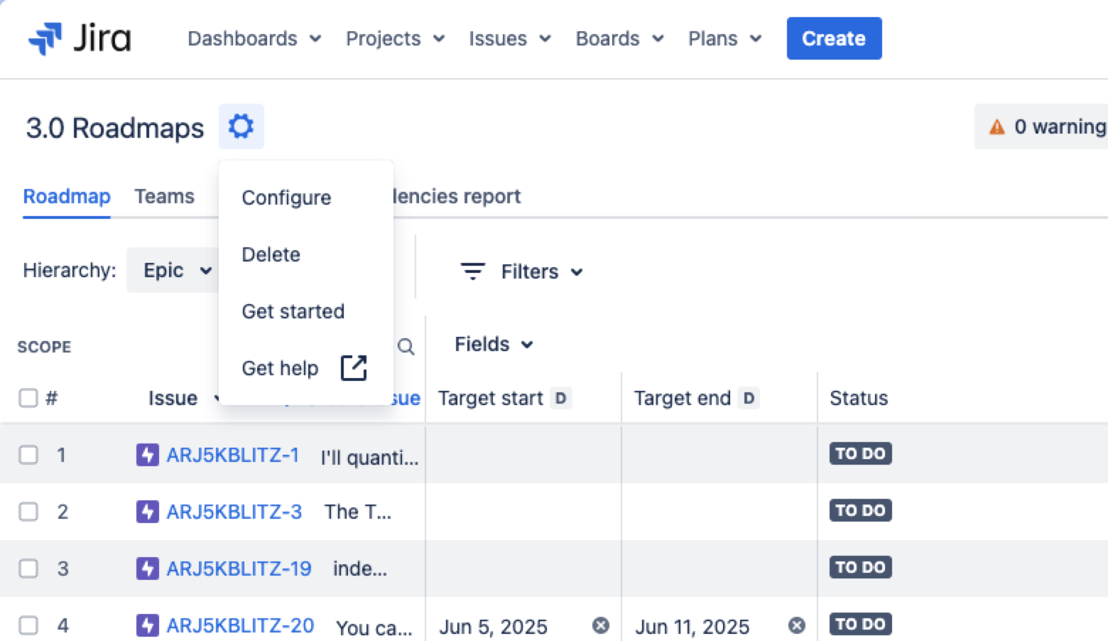 Settings button of a Jira plan