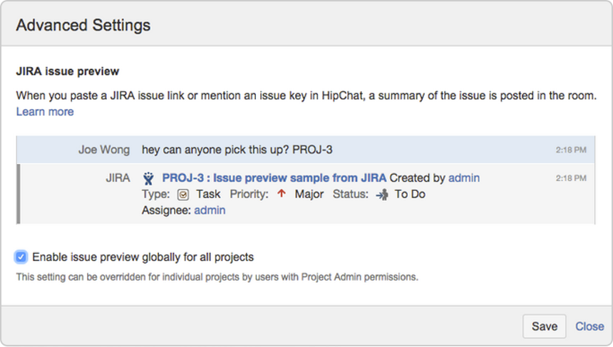 Advanced settings of the Hipchat integration.