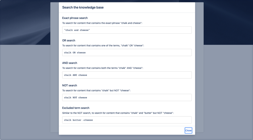 The advanced search help modal open