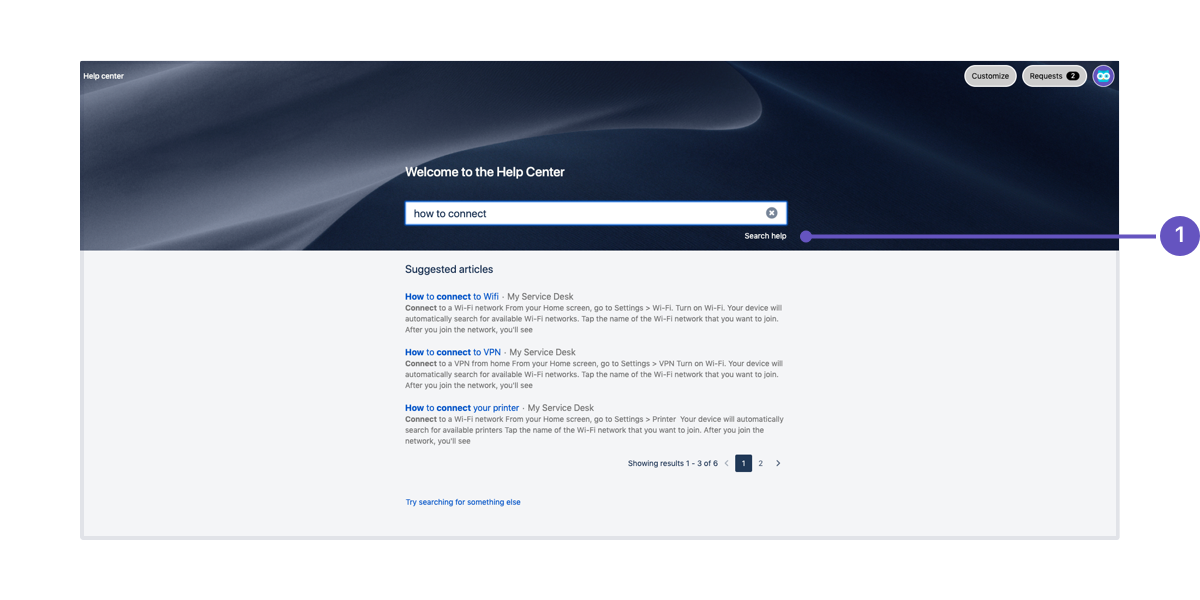 An image of the help center pointing to the Search help link below the search field. 