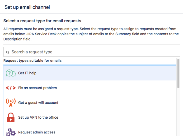 Drop down displaying request types that are suitable for emails