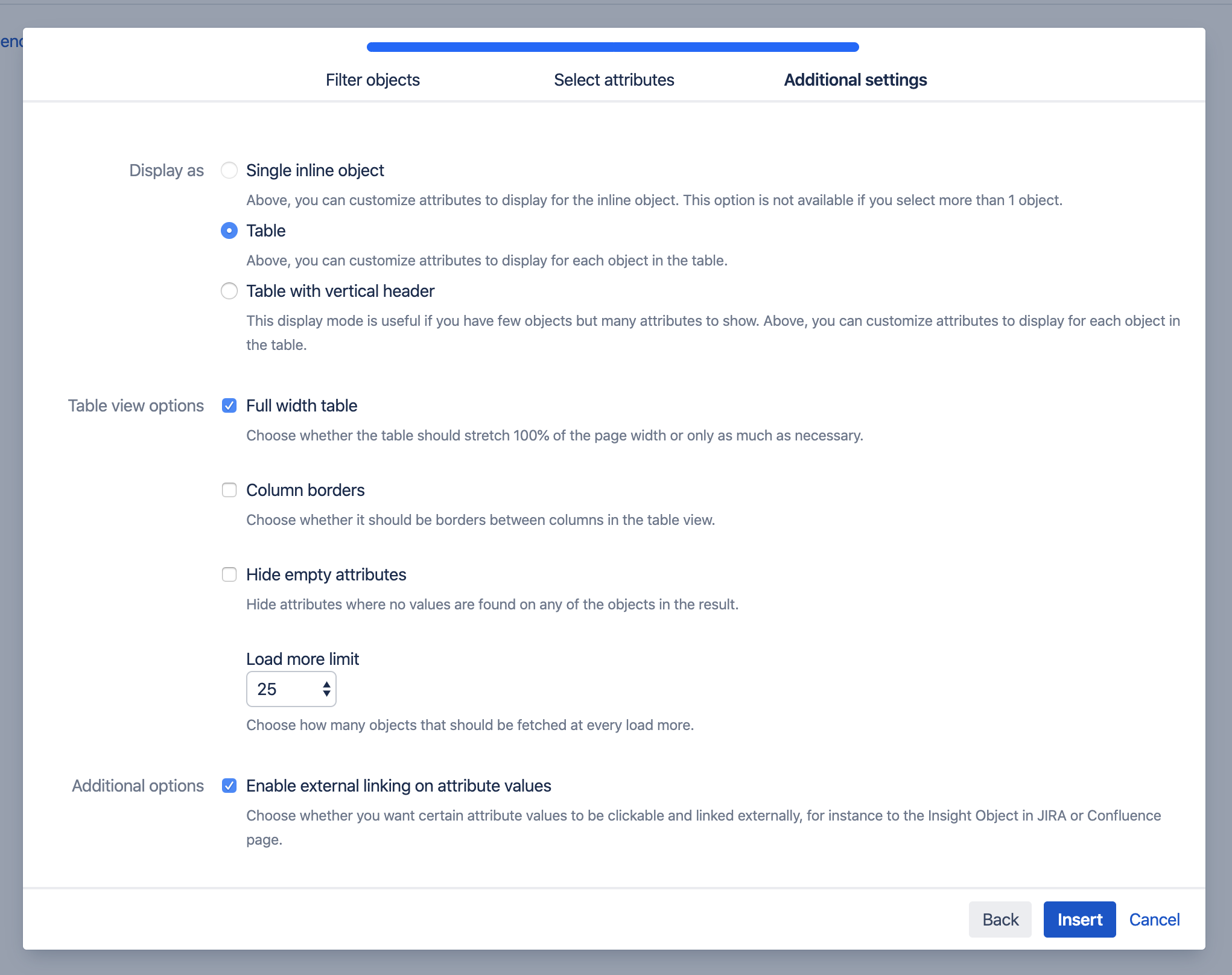 Additional settings window in the Assets - Confluence Macro